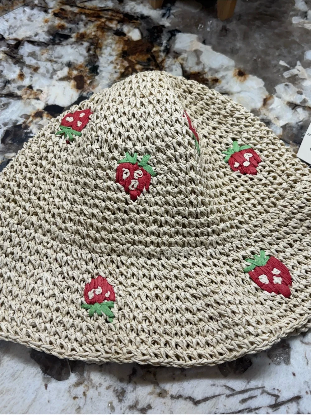 🍓 Straw Knit Bucket Hat with Red Strawberry Embroidery 🍓